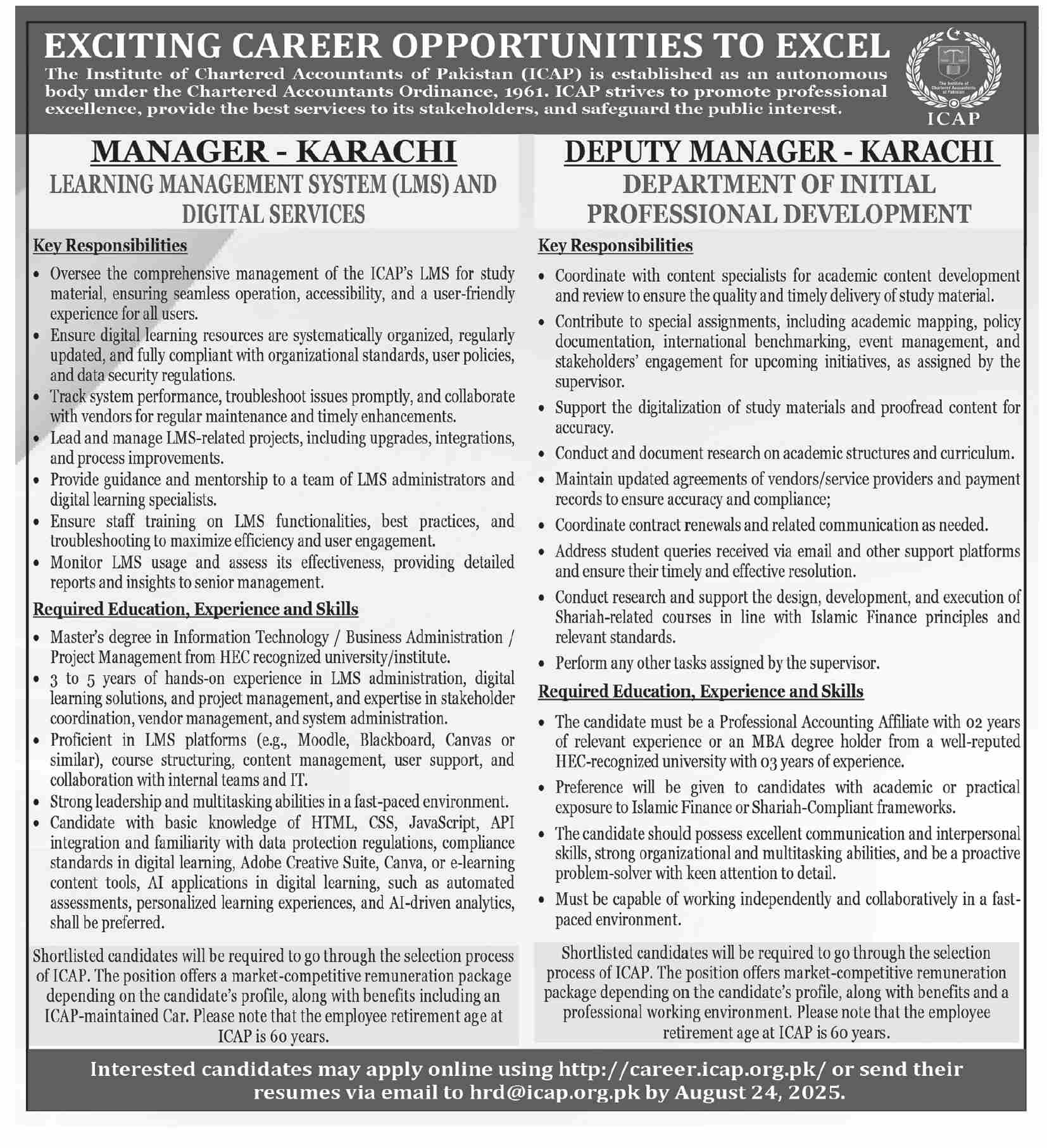 Jobs in ICAP Karachi